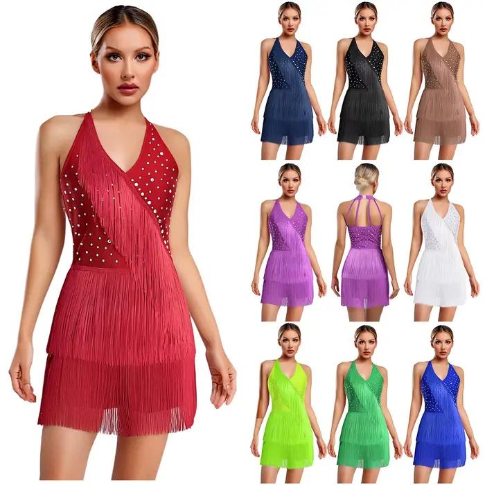 Combinaison de danse Tango Salsa latine pour femmes, sans manches, Design strass scintillants, franges dynamiques, bretelles au dos, body de Jazz