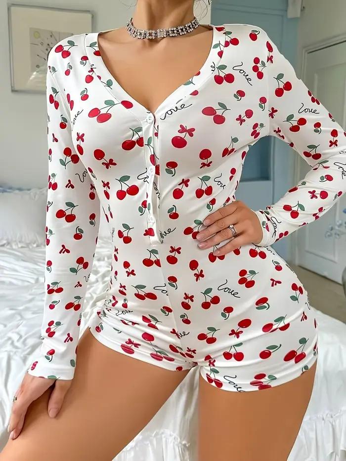Combinaison de nuit d'été sexy pour femme, pyjama décontracté imprimé cerises, col en V, boutonnage frontal, manches longues, coupe ajustée