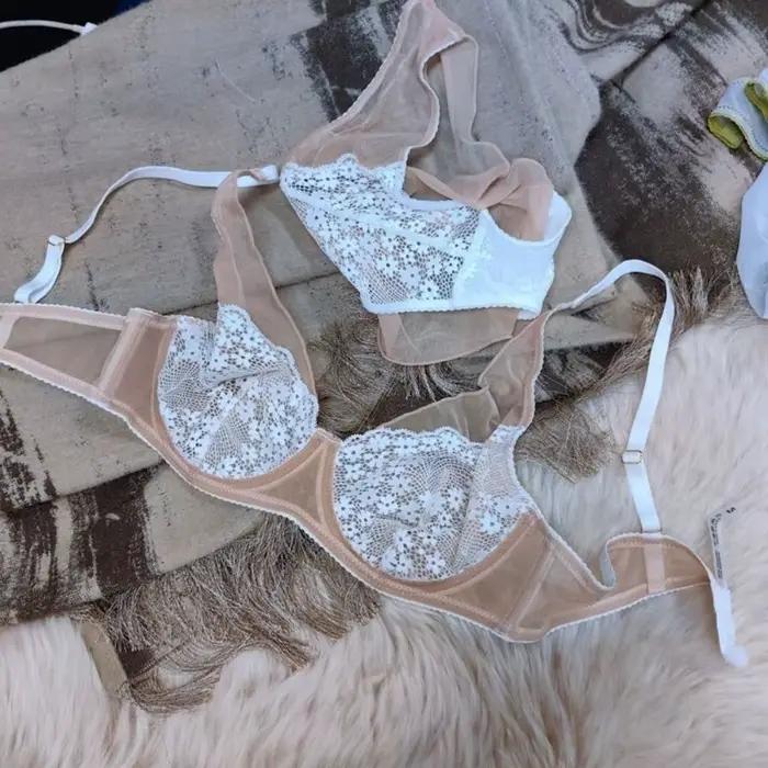Ensemble soutien-gorge et culotte vintage français en dentelle florale, lingerie push-up sans couture pour femme, culotte florale en dentelle pour fille