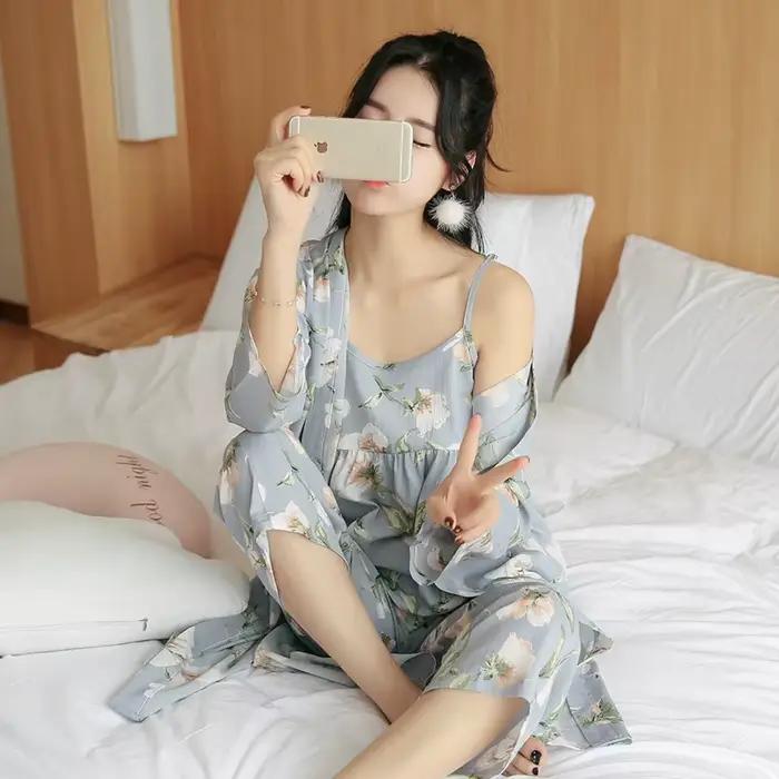 3-dielne ženské japonské kimono pyžamo z bavlny