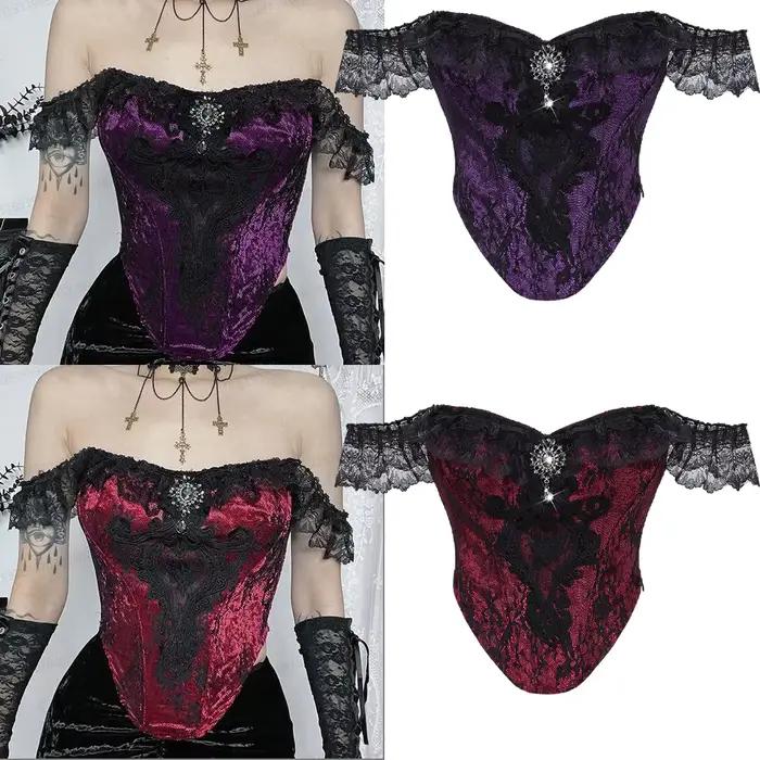 Corset gothique sans bretelles, superposition de dentelle florale, épaules dénudées, paillettes scintillantes, ourlet à boucle