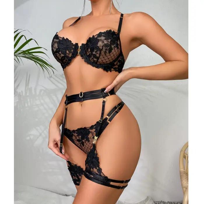 Ensemble de Lingerie brodée en dentelle florale pour femmes, soutien-gorge et culotte transparents, sous-vêtements Sexy, intimes, costume porno érotique