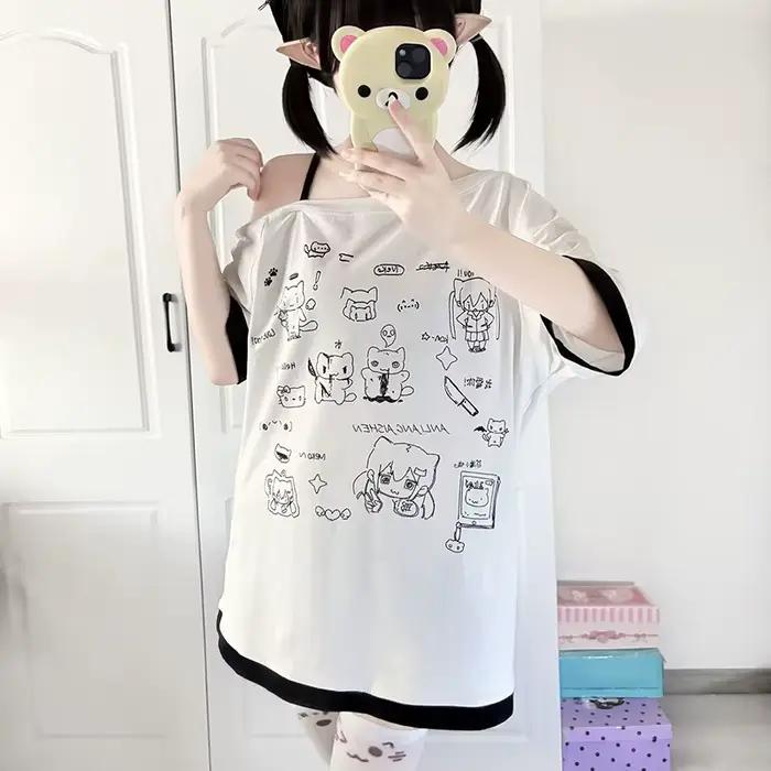 Japonská Y2k subkultúra roztomilé tričko s odhalenými ramenami biele krátke rukávy letné