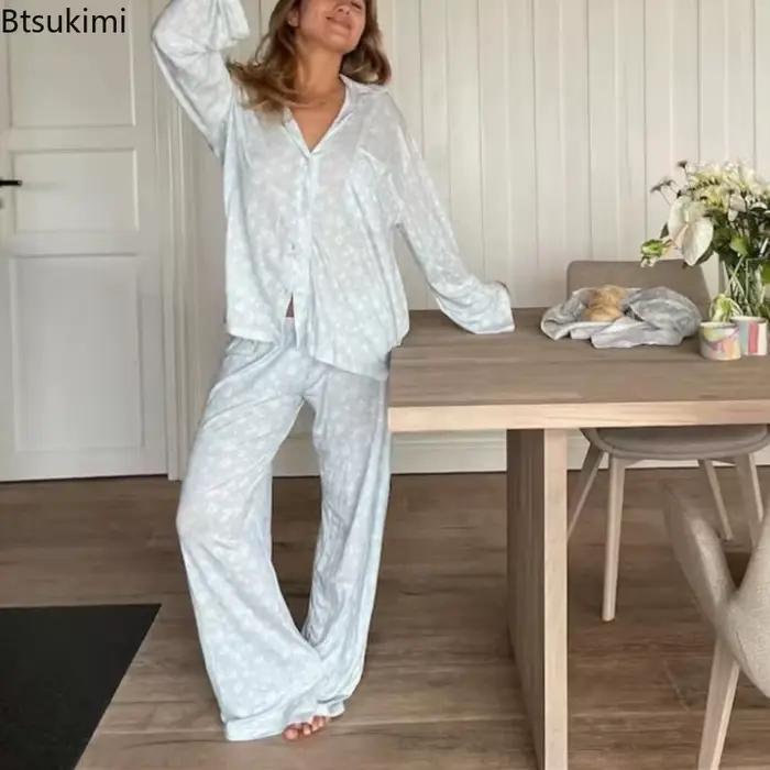 Ensemble pyjama décontracté imprimé floral pour femmes, chemise à boutons à manches longues avec poche et pantalon ample à jambes larges, vêtements de nuit, 2026