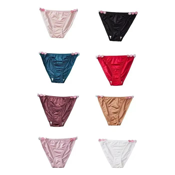 Culottes en satin de soie taille basse avec entrejambe en coton, motif floral, respirantes, pour femme