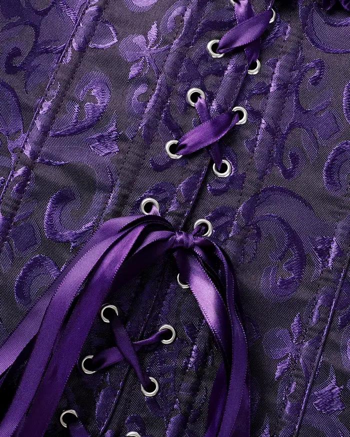 Corset violet jacquard à encolure cœur, fermeture avant, dos à lacets, bordure à volants, style gothique victorien, cincher de taille