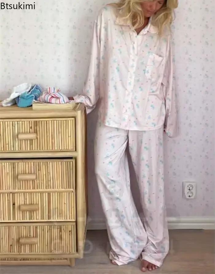Ensemble pyjama décontracté imprimé floral pour femmes, chemise à boutons à manches longues avec poche et pantalon ample à jambes larges, vêtements de nuit, 2026