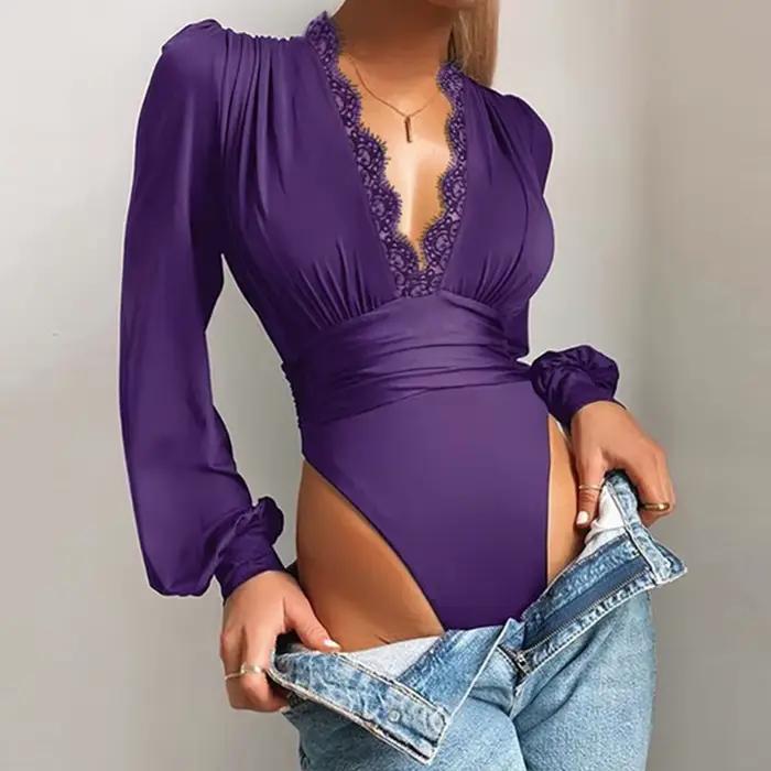 Sexy čipkovaný body s dlhými rukávmi pre ženy