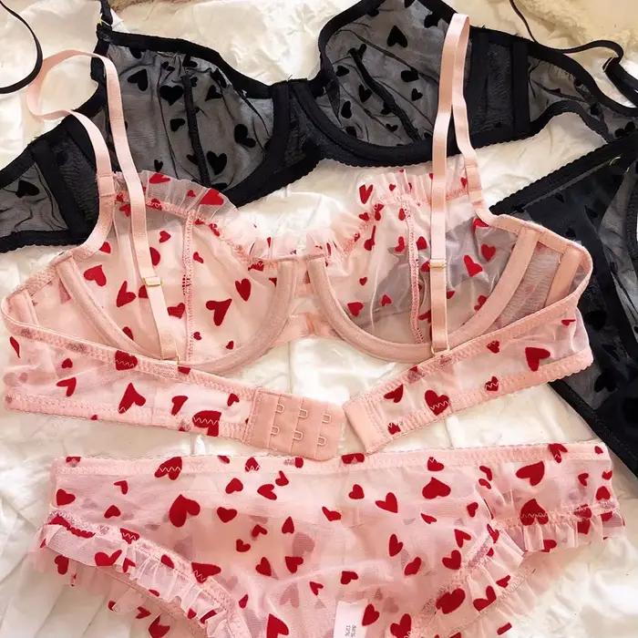 Ensemble de lingerie sexy ultra mince pour femme, soutien-gorge respirant, soutien-gorge push-up, maille, romantique, pêche, coeur, intimes, été, 2 pièces