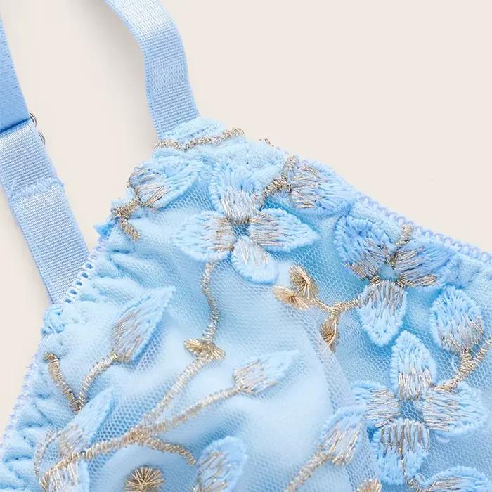 Femmes bleu Camisole gilet soutien-gorge broderie fleur Corsets coupe ajustée polyvalent dame haut Corset Sexy dentelle rayonne Ultra-mince épais soutien-gorge