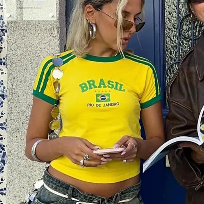 BRASIL grafický potlač Goth Y2k žlté chudé crop top tričko pre ženy Sexy Streetwear 2000s Harajuku nové