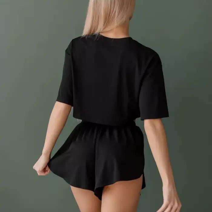Ensemble de pyjama à manches courtes et col rond pour femme, t-shirt fendu, short élastique, vêtements de nuit décontractés, ensemble de 2 pièces