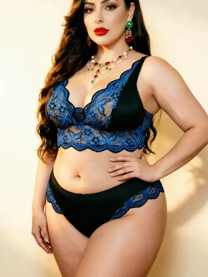 Sexy čipkovaná čierno-modrá spodná bielizeň pre ženy s väčšími veľkosťami s kvetinovou výšivkou - Nohavičky a bralette s nastaviteľnými ramienkami