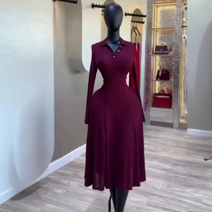 Robe longue élégante pour femme à manches longues, style corset, col polo, taille ajustée, plissée, unie, pour soirée, bureau, mariage