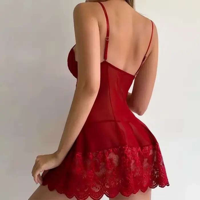 Ensemble de lingerie sexy en dentelle, nuisette courte, sous-vêtements transparents pour femme, robe moulante à bretelles, costume exotique Lolita, vêtements de nuit sexy