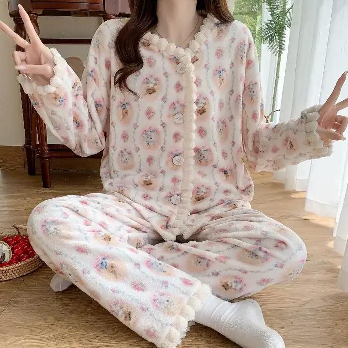 Pyjama en molleton de corail pour femme, imprimé, épais, en peluche, Cardigan, costume chaud et doux, vêtements de maison, manches longues, automne hiver