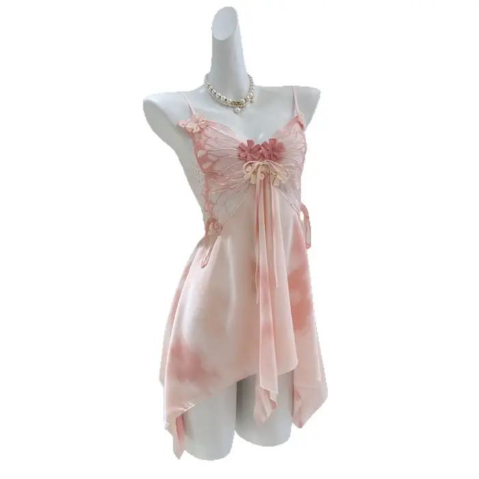 Papillon dentelle Lingerie jarretelle Chemise de nuit Chemise de nuit vêtements de nuit doux Applique femme Chemise de nuit robe de maison glace soie salon porter