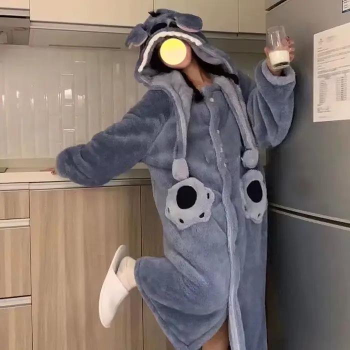 Pyjama couple Lilo & Stitch Angel, robe de nuit chaude en polaire corail, tenue de nuit Disney Stitch en peluche, chemise de nuit épaisse