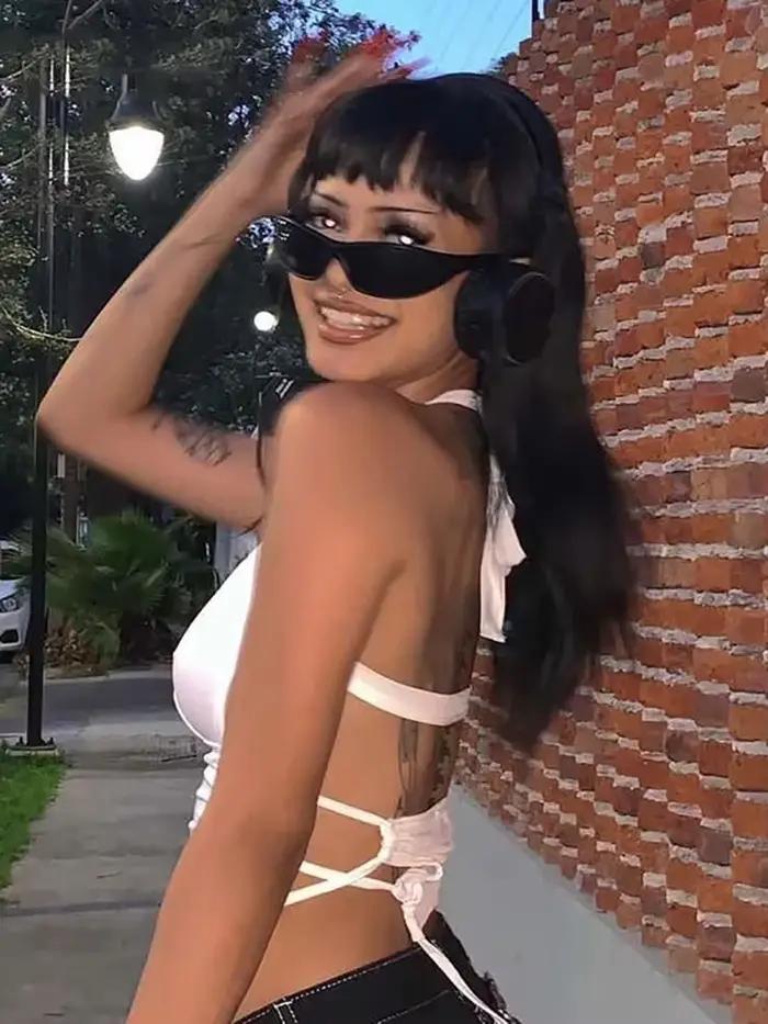 Y2K Sexy odhalený chrbát letný top krátky ženy 2025 biely bez rukávov obväzový lodičkový tielko Streetwear Cami 90s