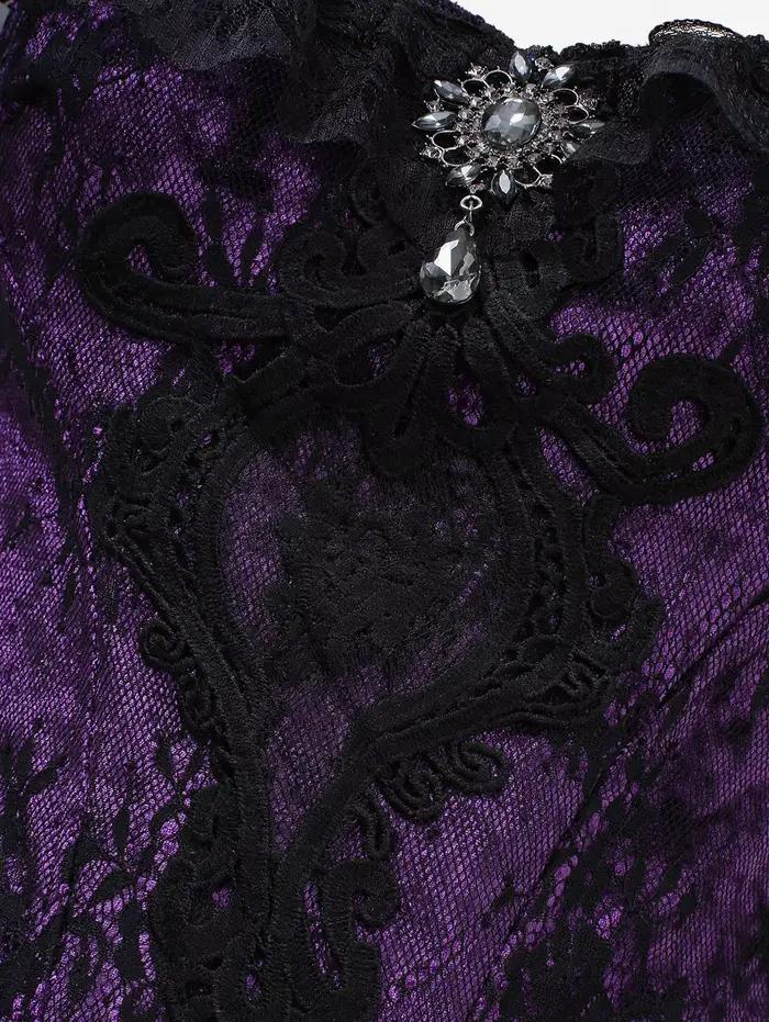 Corset gothique sans bretelles, superposition de dentelle florale, épaules dénudées, paillettes scintillantes, ourlet à boucle