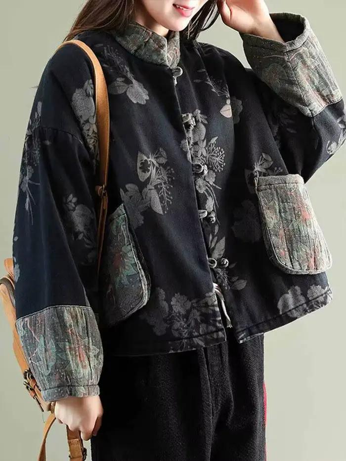 Amax LuluE Čínsky dizajn Dámske teplé parky Ženy Vintage Kvetinový Denim Zima prešívané bundy Voľný čas nadrozmerné