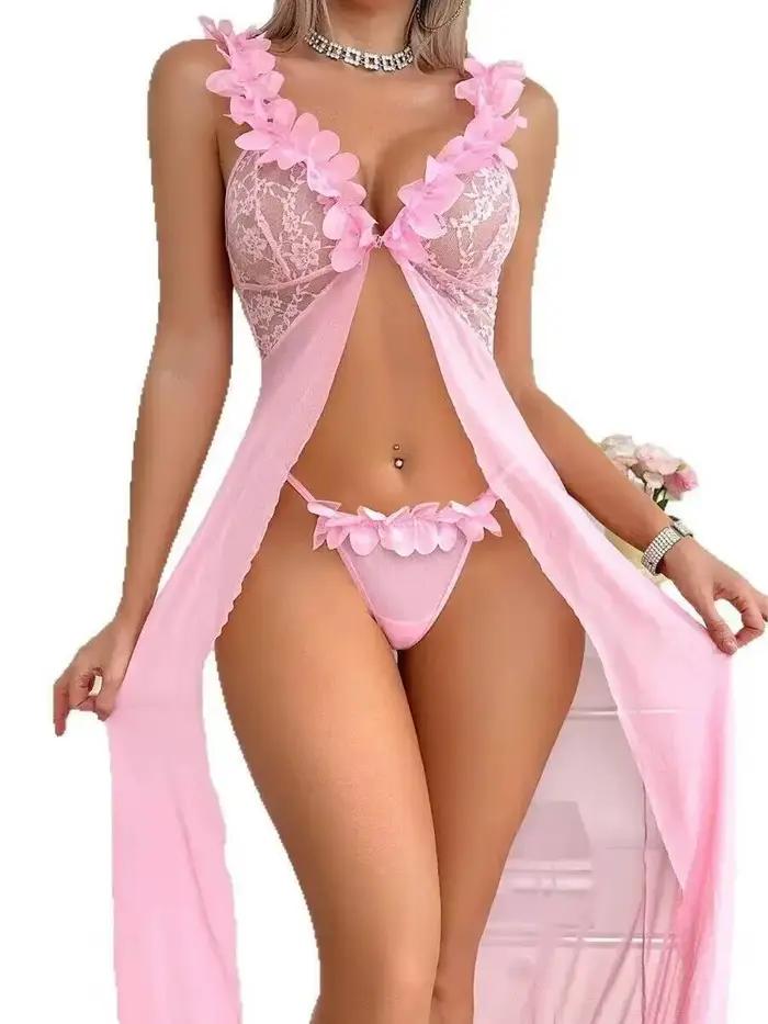 Pyjama Sexy pour femmes, garniture en dentelle fendue, Transparent, dos nu, bretelles en V profond, robe sans manches, pur désir charmant 0FE5
