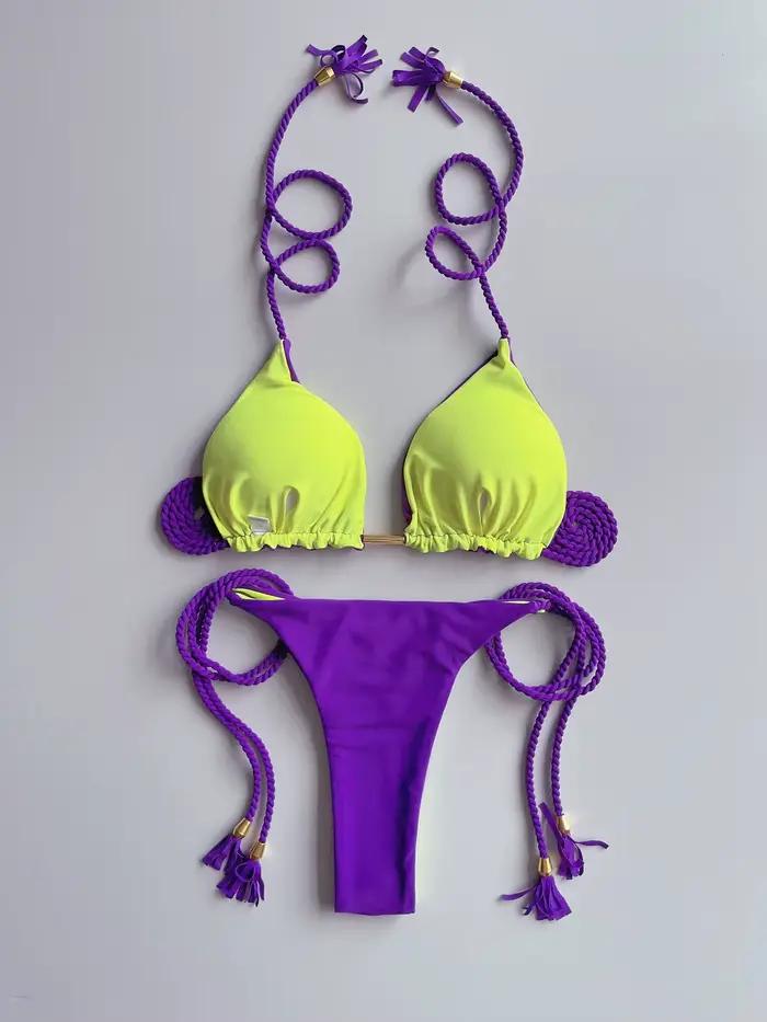 Sexy jednofarebné dvojdielne trojuholníkové bikiny pre ženy s pletenou šnúrkou