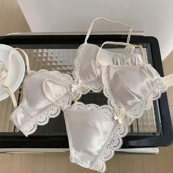 Soutien-gorge en dentelle à nœud triangle de style coréen pour femmes, petite poitrine, sous-vêtements en satin, doux, respirant, confortable, doux, fille, lingerie