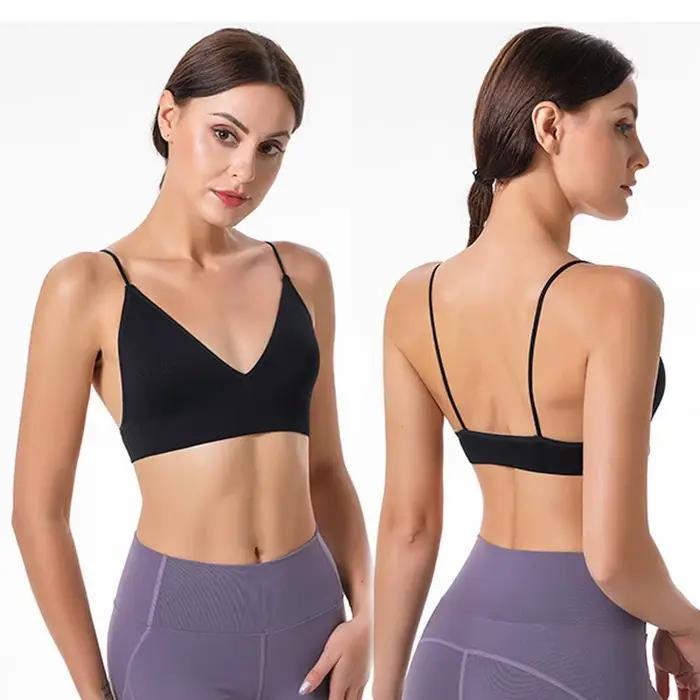 Soutien-gorge de sport push-up sans armatures à bonnets triangulaires fins, décolleté en V profond, bralette, haut de fitness et yoga, crop top pour femme