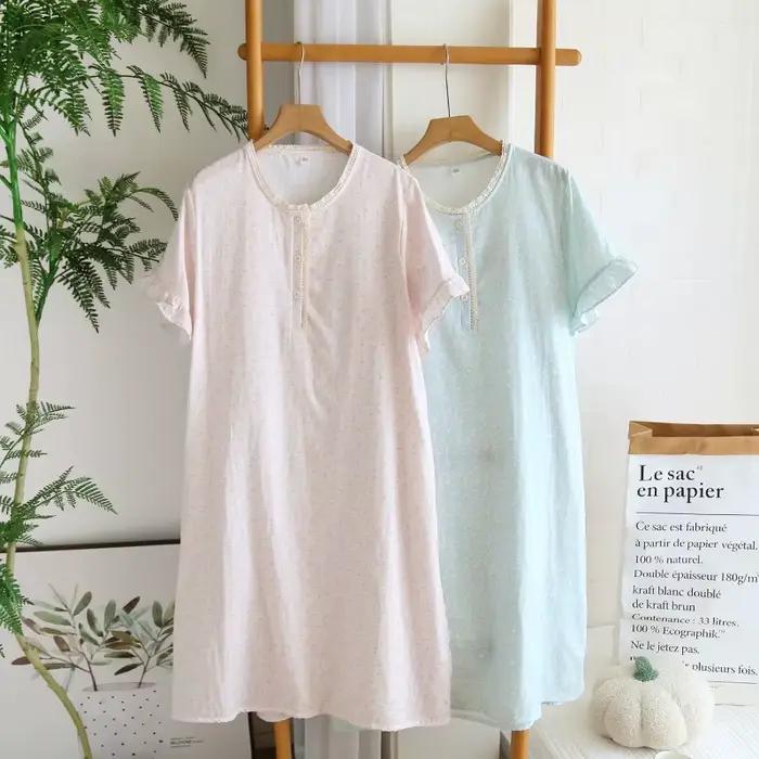 Nouvelle chemise de nuit d'été 2026 pour femme, 100 % coton, gaze double épaisseur, manches courtes, motif floral, col rond, fine et légère, pour la maison