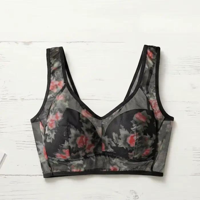 Soutien-gorge de nuit push-up en dentelle florale pour femme, sans couture, grande taille, imprimé floral, sous-vêtement type débardeur, avec bande élargie, en maille de soie glacée, pour personnes âg