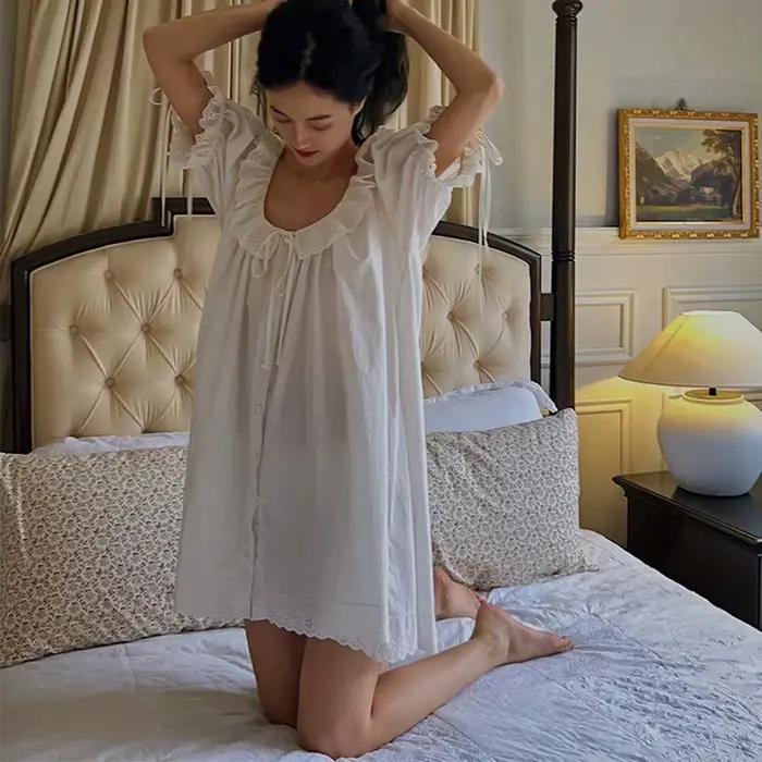 Femmes françaises douce chemise de nuit grande taille Cardigan 100% coton nuisette princesse Vintage volants col manches courtes chemises de nuit