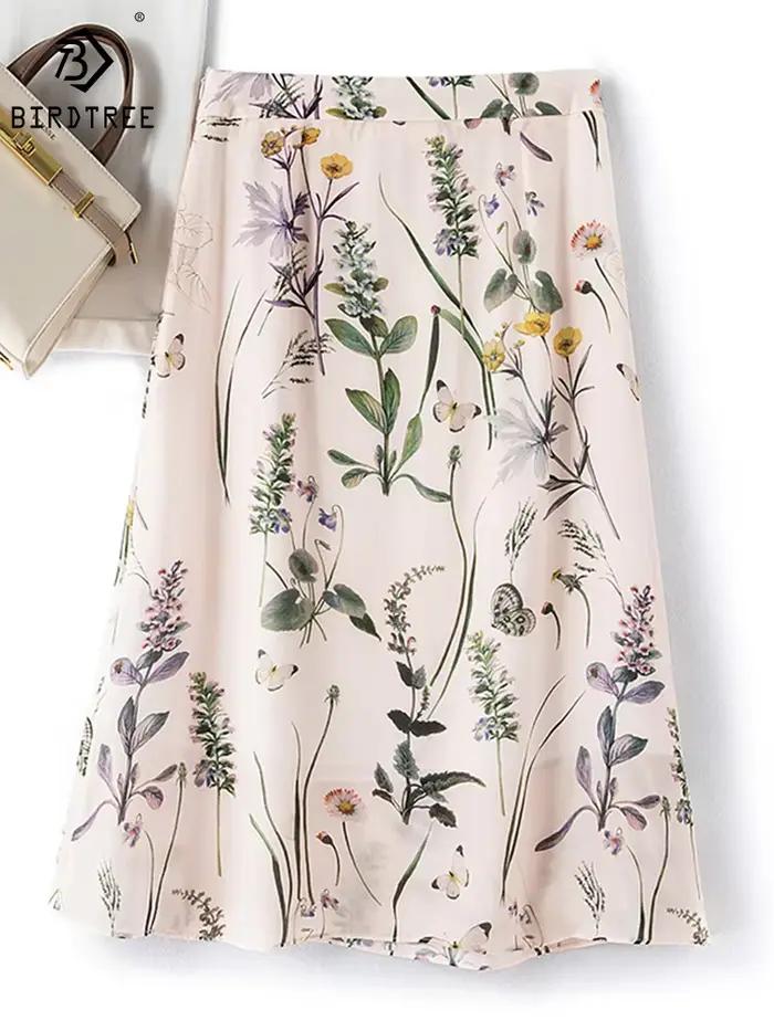 Elegantná dlhá sukňa Birdtree z 100% prírodného hodvábu