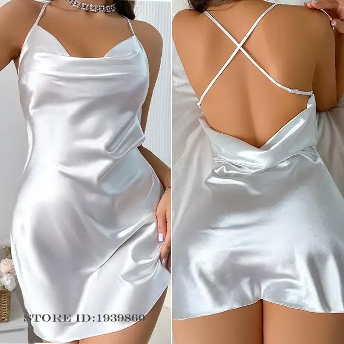 Chemise de nuit à bretelles pour femmes, vêtements de nuit en Satin de soie, Sexy, dos nu, bretelles, vêtements de nuit, nouvelle collection été, vêtements de maison amples