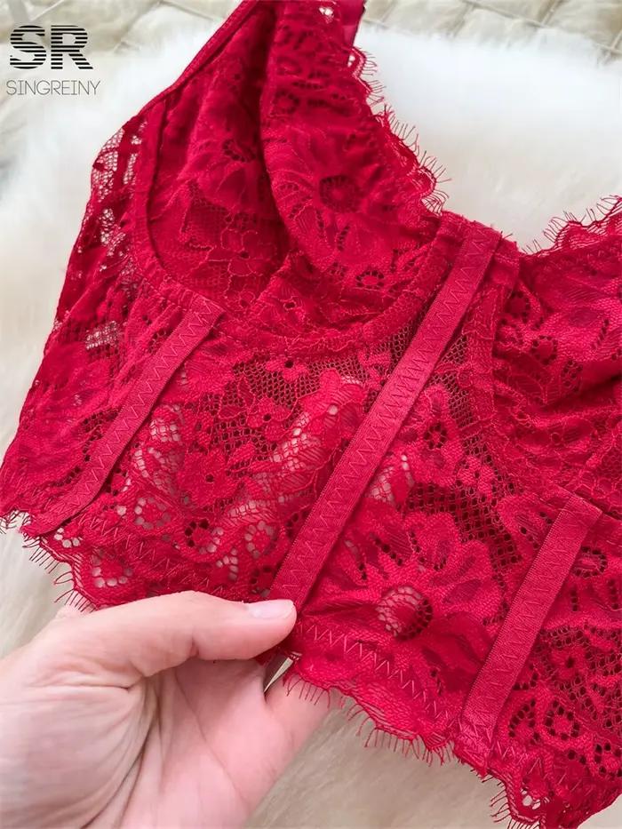 SINGREINY – costume deux pièces Sexy en dentelle pour femmes, Camisole sans bretelles + jupe à taille élastique irrégulière, ensembles de fête en gaze à la mode