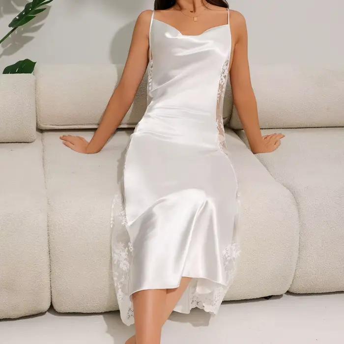 Chemise de nuit blanche pour femmes, vêtements de nuit Sexy en dentelle, Satin, Patchwork, bretelles, Lingerie d'été, soie glacée, vêtements de maison