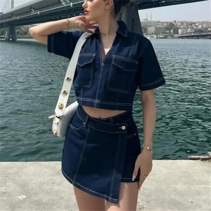 MUJER modrá Denim košeľa pre ženy s krátkym rukávom krátka