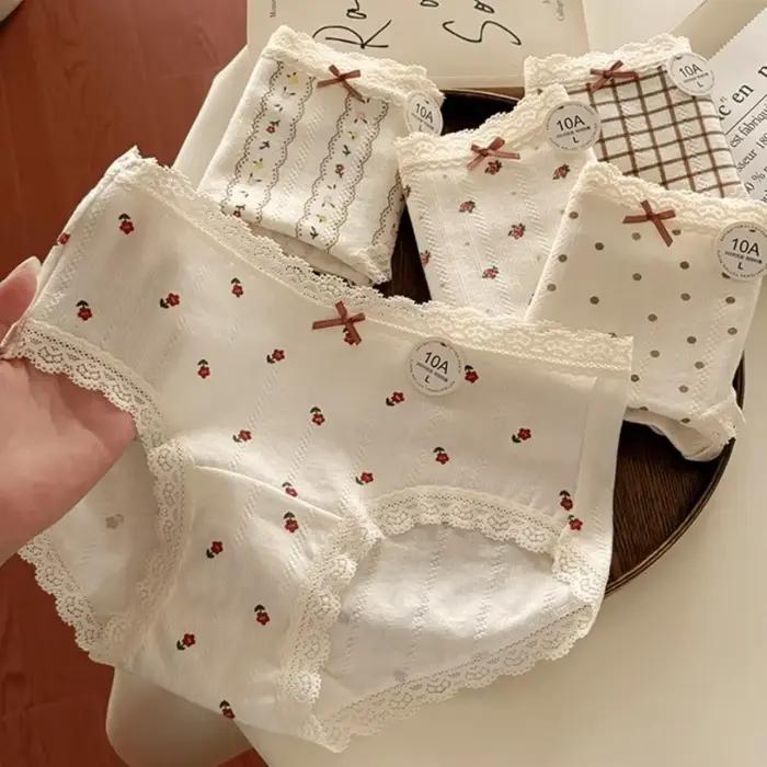 Culottes en coton à nœud floral, rayures et pois, lingerie pour femme, dentelle à carreaux, motif fleur douce, slips pour femme