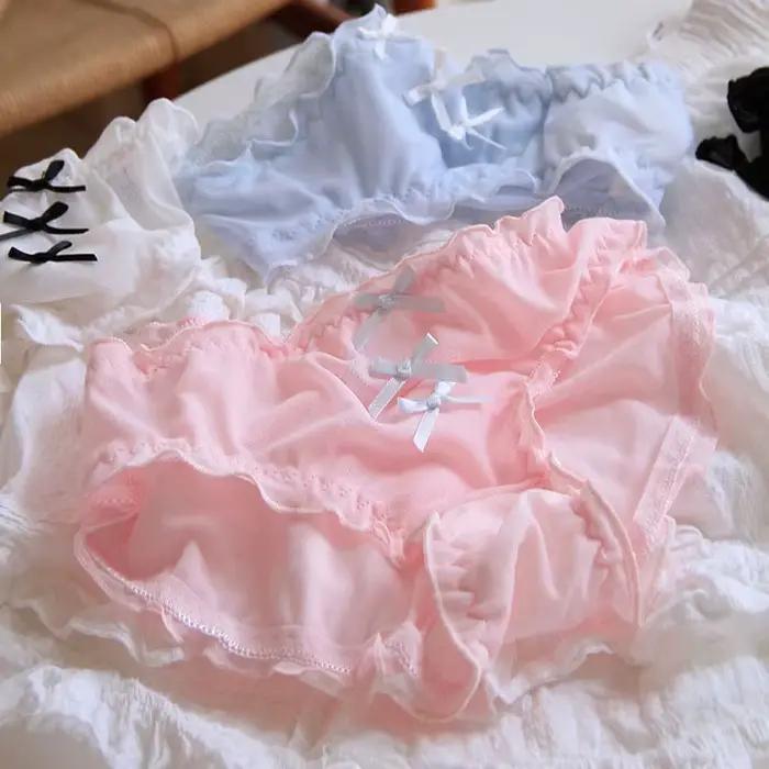 Culotte femme taille moyenne en dentelle respirante perforée avec nœud papillon, culotte triangle mignonne pour fille.