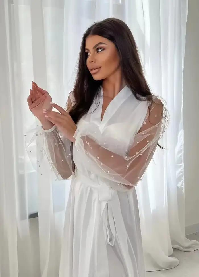 Robe de mariée en Tulle perlé, peignoir de luxe de haute qualité, vêtements de nuit Sexy pour femmes, pyjama en Satin de soie pour mariée