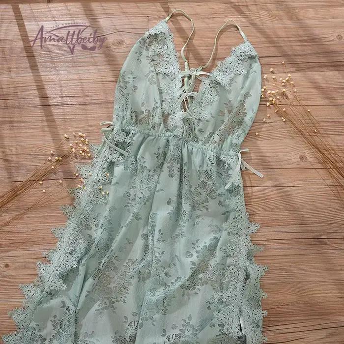 Pyjama en dentelle à fleurs vertes pour femmes, Transparent, décolleté en V profond, dos nu, Lingerie, bretelles Spaghetti avec tongs