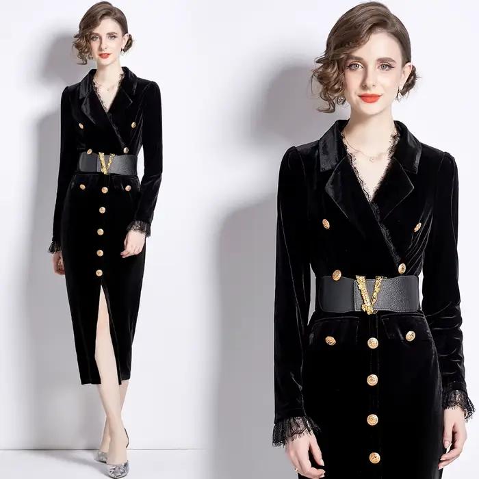 Robe damas velours et dentelle pour femme élégante, silhouette une ligne, boutonnage simple, polyester, automne hiver, bureau et occasions spéciales