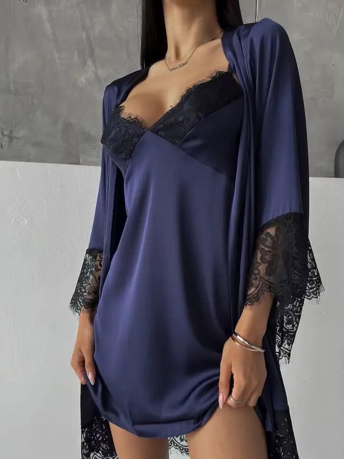 Elegantný tmavomodrý nočný set s županom pre ženy