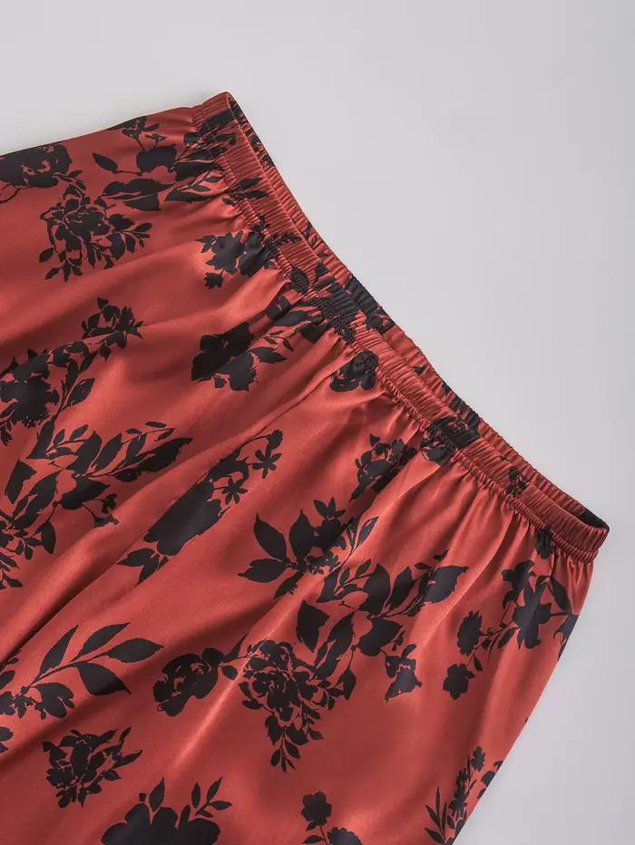 Ensemble pyjama en satin pour femmes, imprimé floral rouge et noir, haut à manches courtes et pantalon long, vêtements de nuit de luxe, vêtements de nuit en soie, vêtements de détente