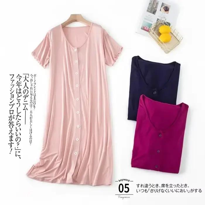 Robe de nuit d'été Sexy à manches courtes, avec boutons, mi-longue, confortable, lisse, en Viscose, vêtements de maison pour femmes