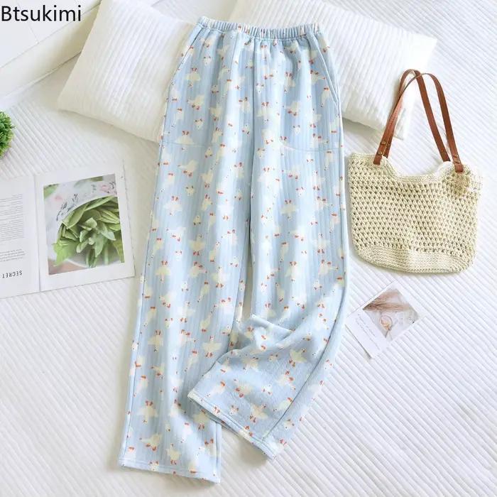 Pantalon de pyjama imprimé 100% coton pour femme, vêtement de maison chaud à trois couches, décontracté, ample, Long, nouvelle collection automne et hiver