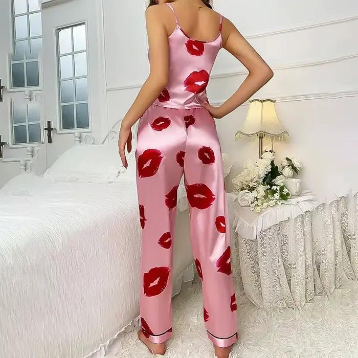 Ensemble de pyjama en satin imprimé Jules pour femme, haut caraco à col en V et pantalon élastique, pyjama confortable, vêtements de nuit