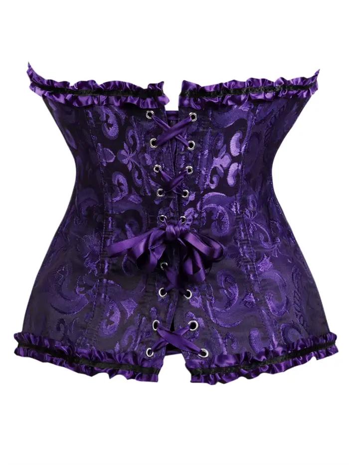 Corset violet jacquard à encolure cœur, fermeture avant, dos à lacets, bordure à volants, style gothique victorien, cincher de taille