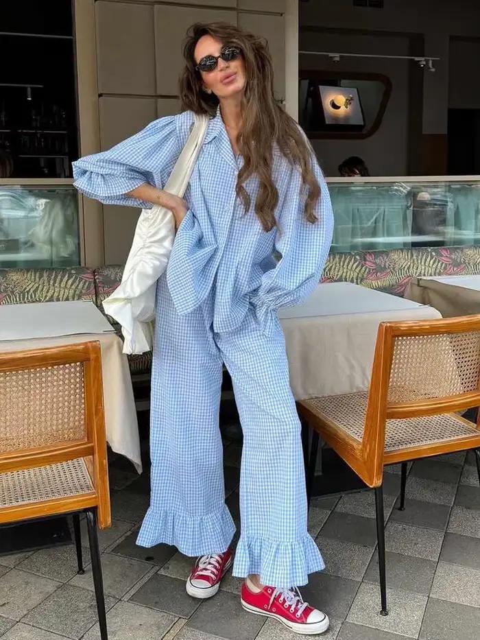 Marthaqiqi-Ensemble pyjama rayé pour femmes, vêtements de nuit à col rabattu, manches longues, chemise de nuit et pantalon décontractés, vêtements de nuit pour dames, 2 pièces trempées