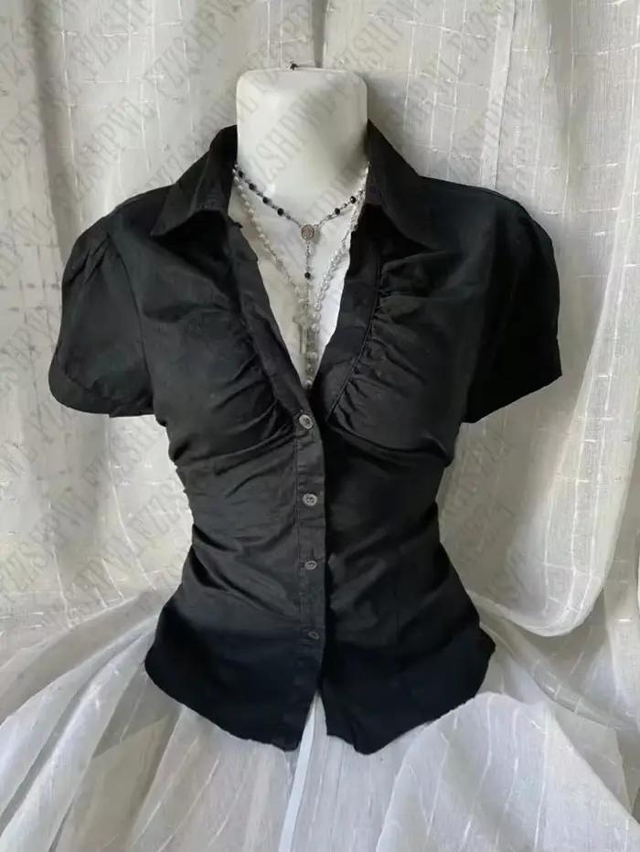 Vintage estetické ženy osobnosť Y2K štíhle oblečenie móda košele Harajuku krátky rukáv topy žena teplé c